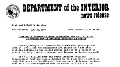 Commission Approves Refuge Expansions and $5.3 Million in Grants for 14 Wetlands Projects in Canada June 20, 1994