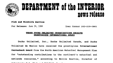Three Ducks Unlimited Organizations Receive Prestigious International Award June 24, 1994