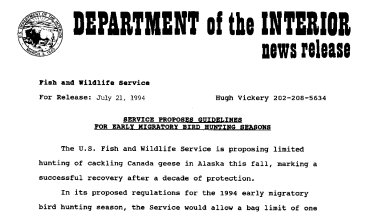 Service Proposes Guidelines for Early Migratory Bird Hunting Seasons July 21, 1994