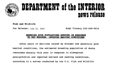 Breeding Duck Populations Rebound in Response to Wet Weather, Improved Habitat Conditions July 22, 1994