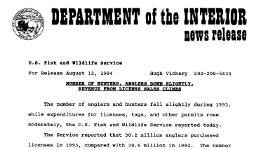 Number of Hunters, Anglers Down Slightly, Revenue From License Sales Climbs August 12, 1994