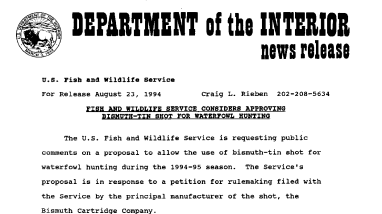 Fish and Wildlife Service Considers Approving Bismuth-Tin Shot for Waterfowl Hunting August 23, 1994