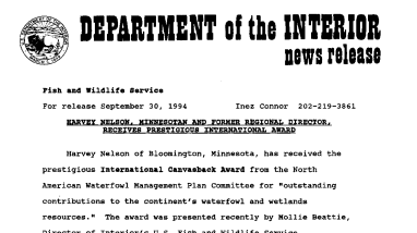 Harvey Nelson, Minnesotan and Former Regional Director, Receives Prestigious International Award September 30, 1994