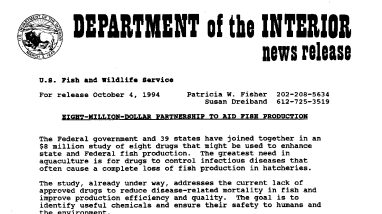 Eight-Million-Dollar Partnership to Aid Fish Production October 04, 1994