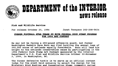Former Football Star Teams up With Federal Duck Stamp Program for 1994 Art Contest October 20, 1994