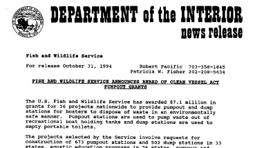 Fish and Wildlife Service Announces Award of Clean Vessel Act Pumpout Grants October 31, 1994