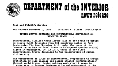 United States Prepares for International Conference on Wildlife Trade November 01, 1994