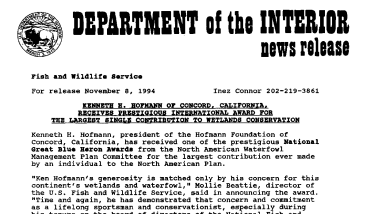 Kenneth H. Hofmann of Concord, California Receives Prestigious International Award for the Largest Single Contribution to Wetlands Conservation November 08, 1994