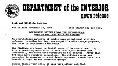 Documented Review Finds Few Inompatible Uses on National Wiildlife Refuges November 29, 1994