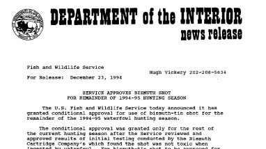 Service Approves Bismuth Shot for Remainder of 1994-95 Hunting Season December 23, 1994