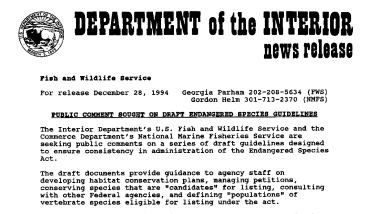 Public Comment Sought on Draft Endangered Species Guidelines December 28, 1994