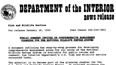 Public Comment Invited on Comprehensive Management Planning for the National Wildlife Refuge System January 18, 1995