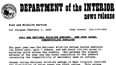1994 and National Wildlife Refuges: New Ones Added, Compatiblity Resolved February 02, 1995