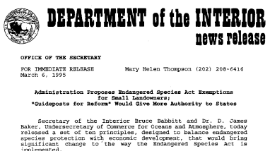 Administration Proposes Endangeres Species Act Exemptions for Small Landowners; "Guideposts for Reform" Would Give More Authority to States March 06, 1995