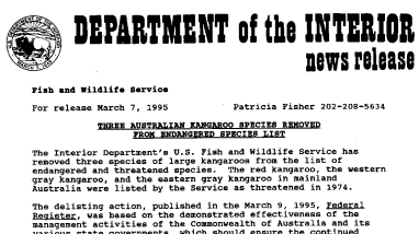 Three Australian Kangaroo Species Removed From Endangered Species List March 07, 1995