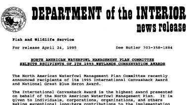 North American Waterfowl Managment Plant Committee Seclects Recipients of Its 1995 Wetlands Conservation Awards April 24, 1995
