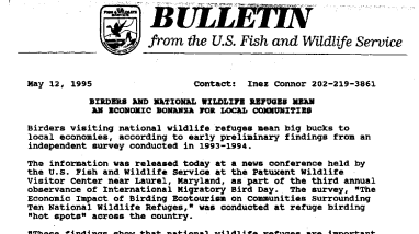 Birders and National Wildlife Refuges Mean an Economic Bonanza for Local Communities May 12, 1995