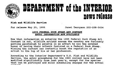 1995 Federal Duck Stamp Art Contest Entry Information Now Available May 25, 1995