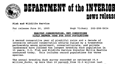 Habitat Conservation, Wet Conditions Yield Banner Year for Duck Populations June 26, 1995