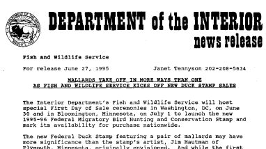Mallards Take off in More Ways Than One as Fish and Wildlife Service Kicks off New Duck Stamp Sales June 27, 1995