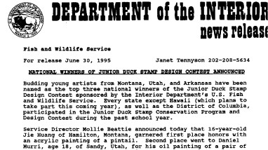 National Winners of Junior Duck Stamp Design Contest Announced June 30, 1995