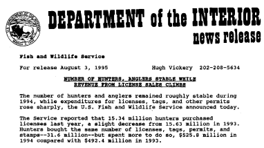Number of Hunters, Anglers Stable While Revenue From License Sales Climbs August 03, 1995