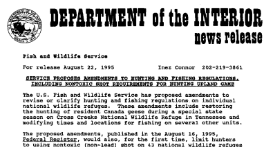 Service Proposes Amendments to Hunting and Fishing Regulations, Including Nontoxic Shot Requirements for Hunting Upland Game August 22, 1995