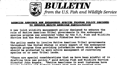 Agencies Announces New Endangered Species Program Policy Designed to Enhance Native American Participation August 31, 1995