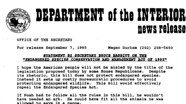 Statement by Secretary Bruce Babbitt on the "Endangered Species Conservation and Management Act of 1995" September 07, 1995
