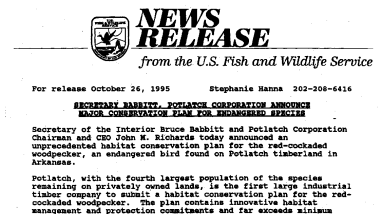 Secretary Babbitt Potlatch Corporation Announce Major Conservation Plan for Endangered Species October 26, 1995