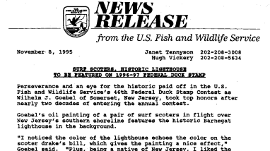 Surf Socters, Historic Lighthouse to Be Featured on 1996-97 Federal Duck Stamp November 08, 1995