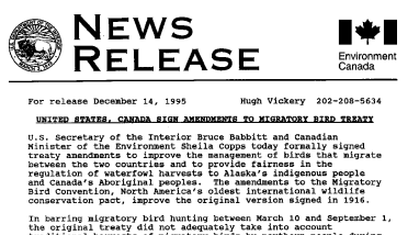 United States, Canada Sign Amendments to Migratory Bird Treaty December 14, 1995