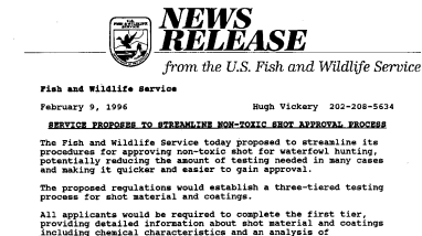 Service Proposes to Streamline Non-Toxic Shot Approval Process February 09, 1996