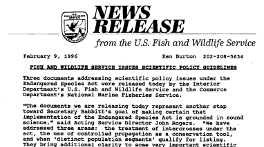 Fish and Wildlife Service Issues Scientific Policy Guidelines February 09, 1996