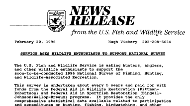 Service Asks Wildlife Enthusiasts to Support National Survey February 20, 1996
