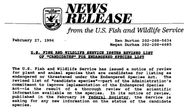 U.S. Fish and Wildlife Service Issues Revised List of "Candidates" for Endangered Species List February 27, 1996