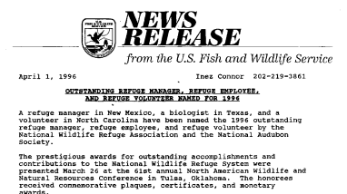 Outstanding Refuge Manager, Refuge Empolyee, and Refuge Volunteer Named for 1996 April 01, 1996