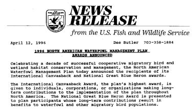 1996 North American Waterfowl Management Plant Awards Announced April 12, 1996