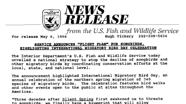 Service Announces "Flight Plan" for Songbirds, Highlighting International Migratory Bird Day Celebration May 06, 1996
