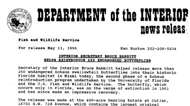 Interior Secretary Bruce Babbitt Helps Reintroduce 250 Endangered Butterflies May 13, 1996