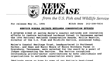 Service Honors Private Wetlands Conservation Efforts May 21, 1996