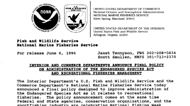 Interior and Commerce Departments Announce Final Policy on Administration of the Endangered Species Act and Recreational Fisheries Management June 06, 1996