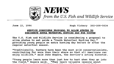 Service Considers Proposal to Allow States to Designate Extral Waterfowl Hunting Day for Young June 12, 1996