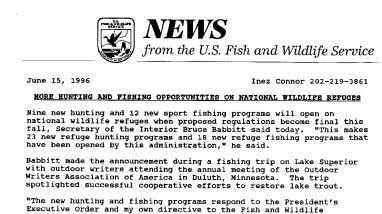 More Hunting and Fishing Opportunities on National Wildlife Refuges June 15, 1996