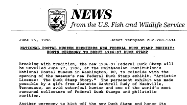 National Postal Museum Premieres New Federal Duck Stamp Exhibit; Hosts Ceremony to Debut 1996-97 Duck Stamp June 25, 1996