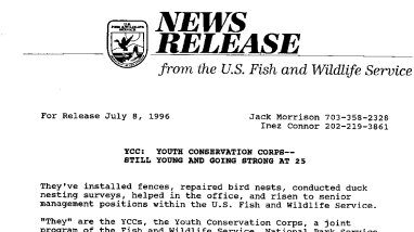 Ycc: Youth Conservation Corps-- Still Yound and Going Strong at 25 July 08, 1996