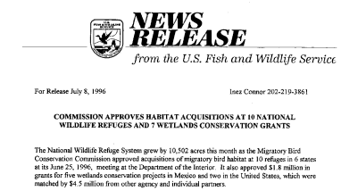 Commission Approves Habitat Acquisitions at 10 National Wildlife Refues and 7 Wetlands Conservation Grants July 08, 1996