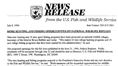 More Hunting and Fishing Opportunities on National Wildlife Refuges July 08, 1996
