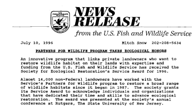 Partners for Wildlife Program Takes Ecological Honors July 10, 1996