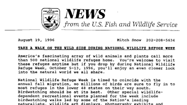 Take A Walk on the Wild Side During National Wildlife Refuge Week August 19, 1996
